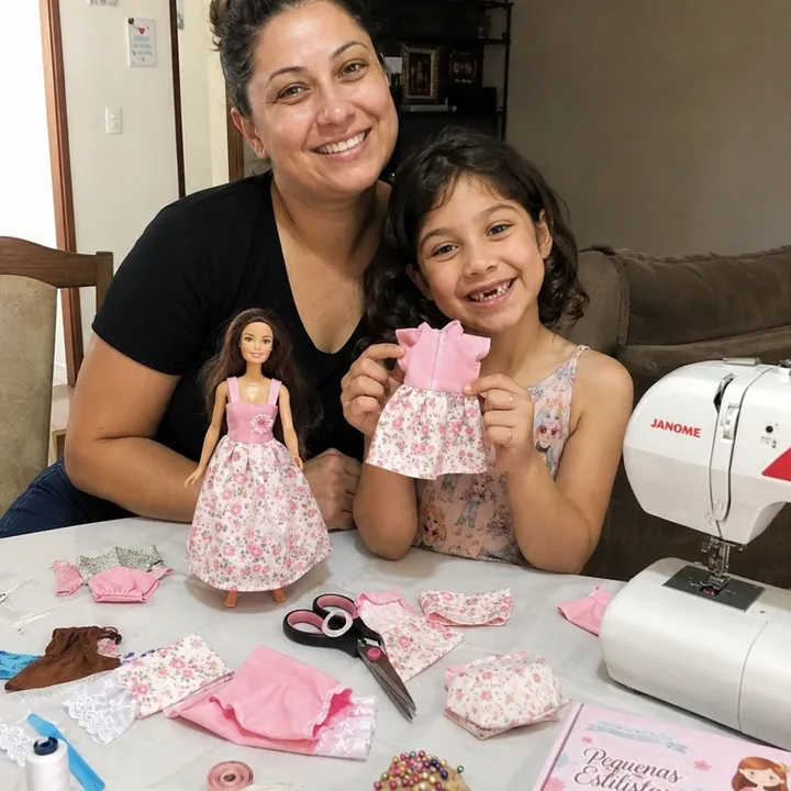 Mom and daughter holding doll clothes after sewing