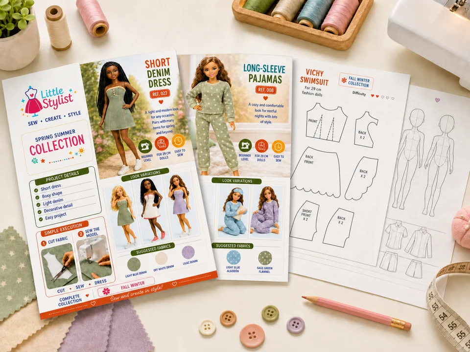 Little Stylist inner pages with editorials, patterns, and sketches